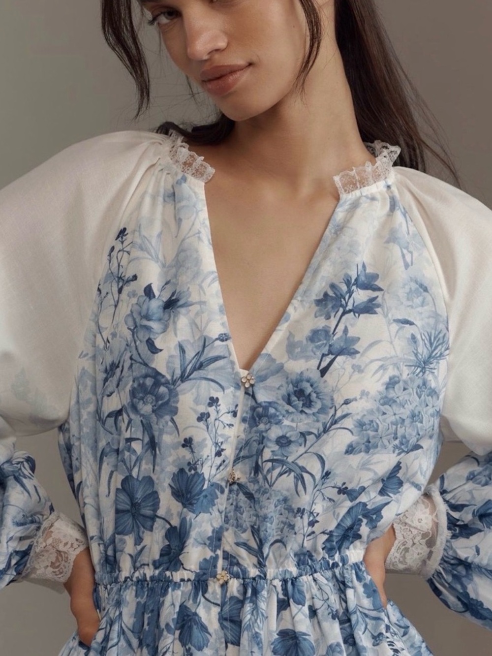 Anthropologie Blue & White Floral Mini Dress with Lace Trim - Picture 3 of 12